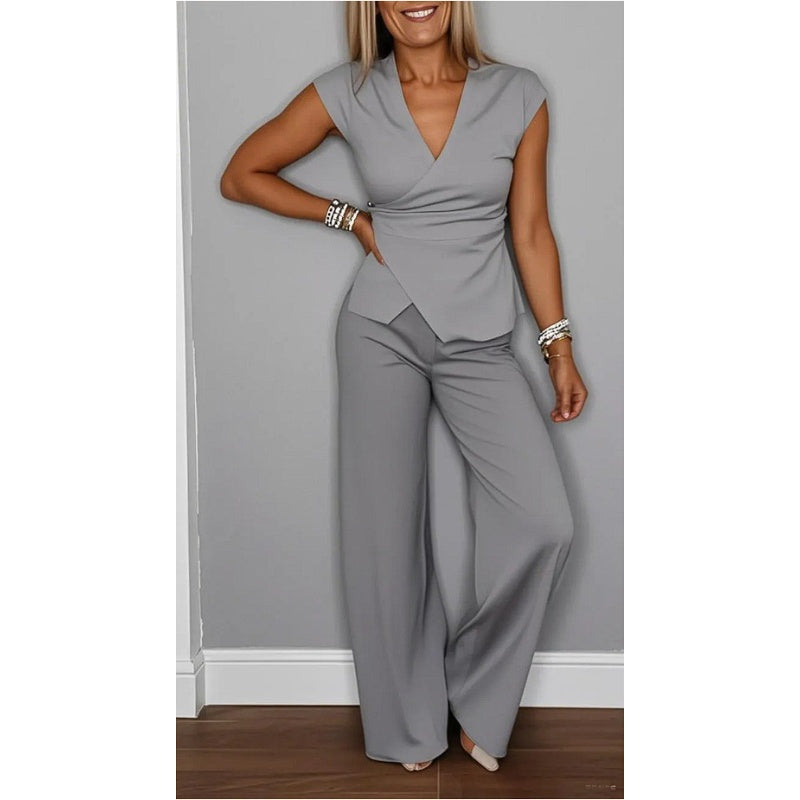 PALMIRA | Conjunto elegante de blusa com decote em V e calça solta para conforto diário
